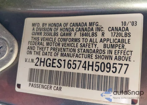 2004 Honda Civic Lx из США, поврежденный, VIN 2HGES16574H509577